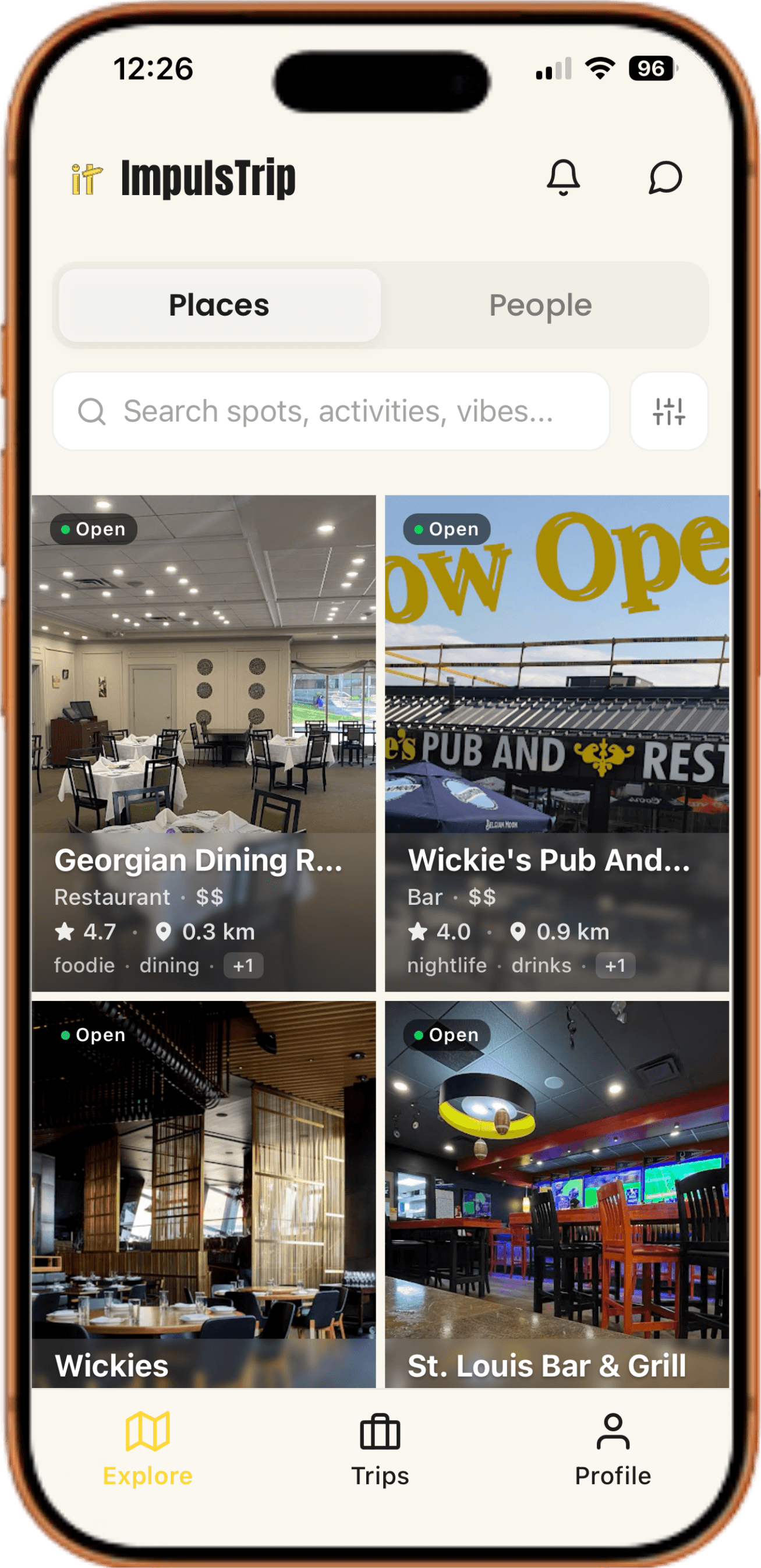 ImpulsTrip app screen: Explore places and hangouts nearby
