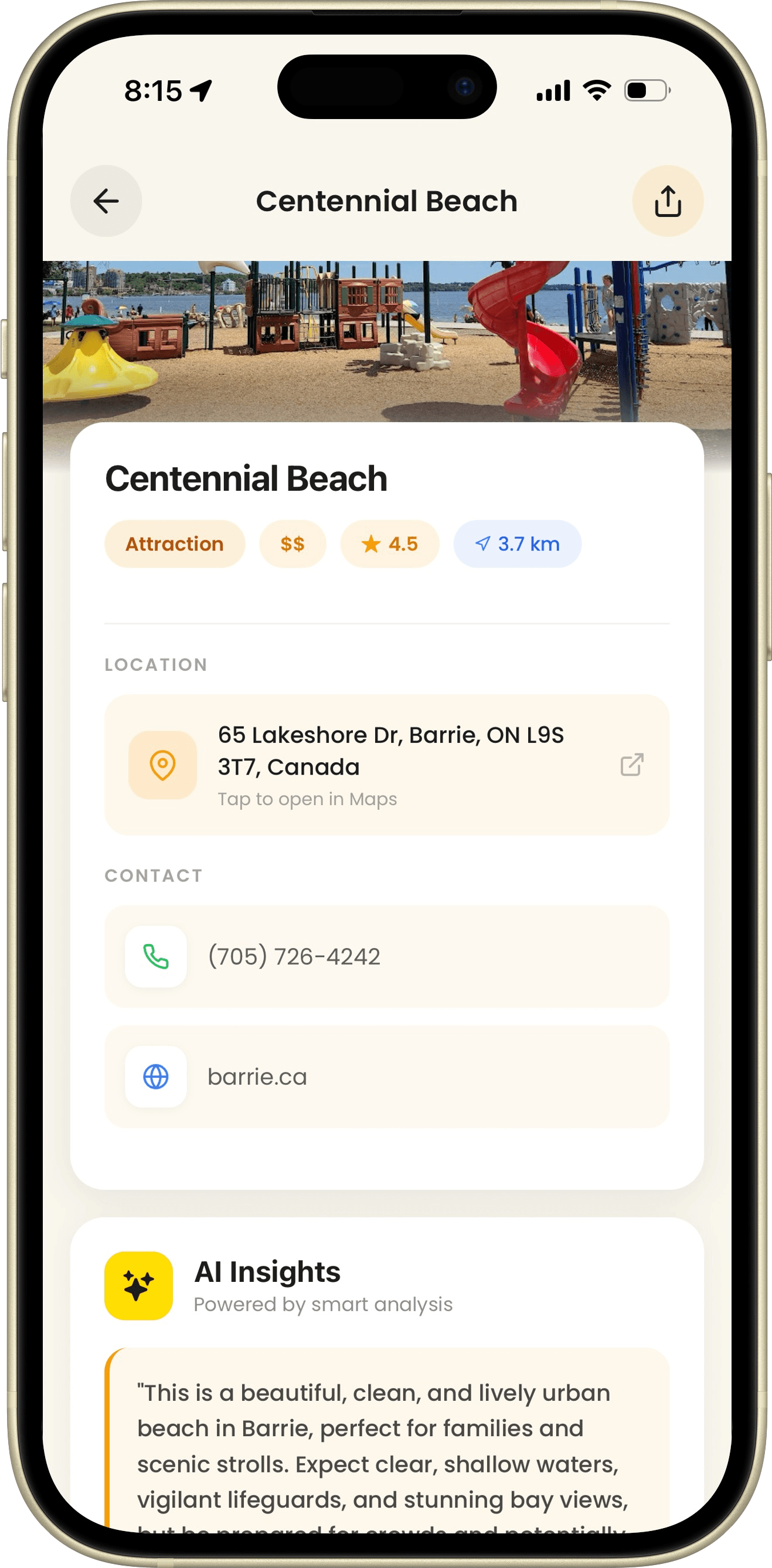ImpulsTrip app screen: A place in detail, with directions, contact and AI insights