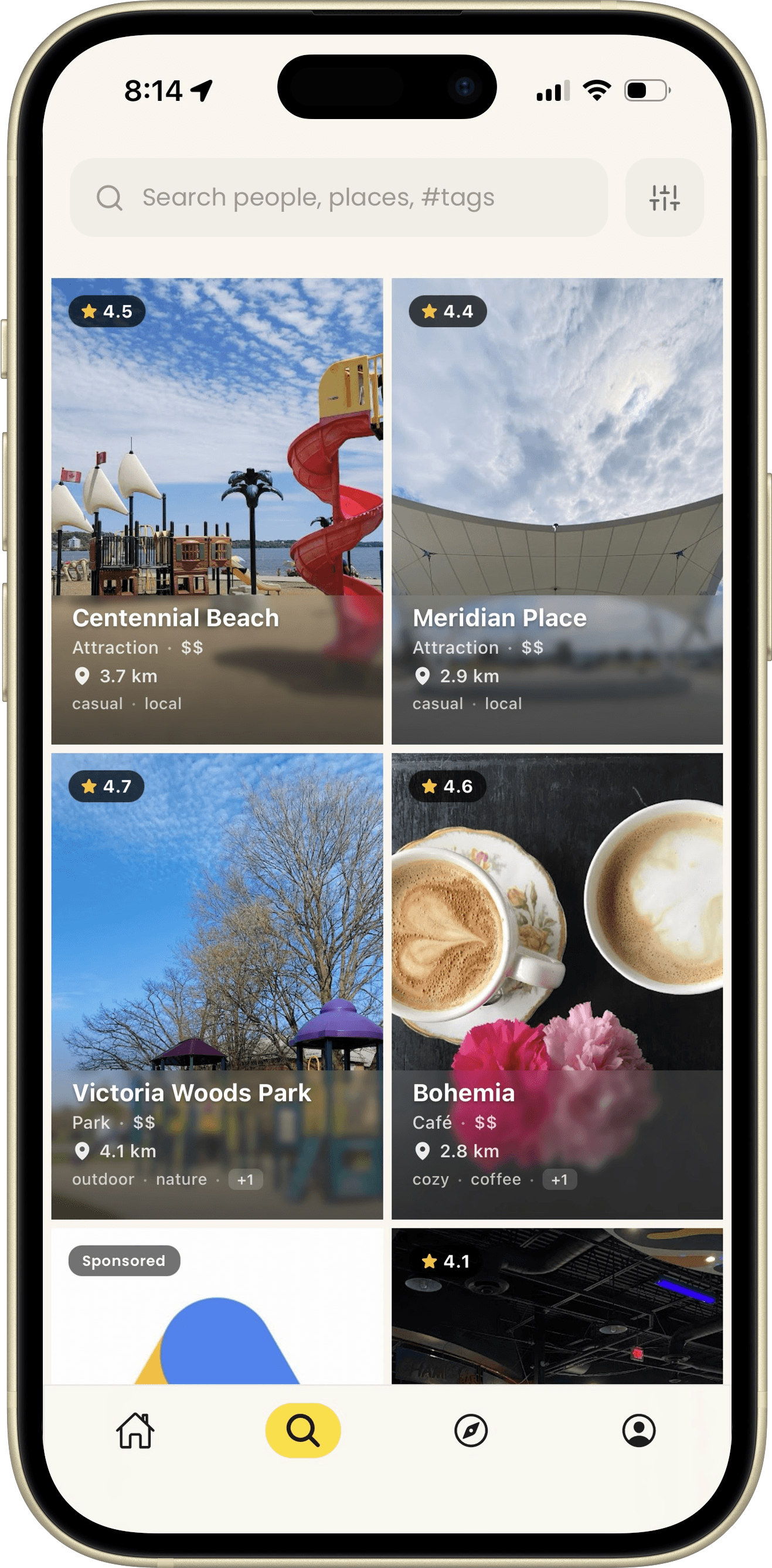 ImpulsTrip app screen: Search places near you, with ratings and walking distance