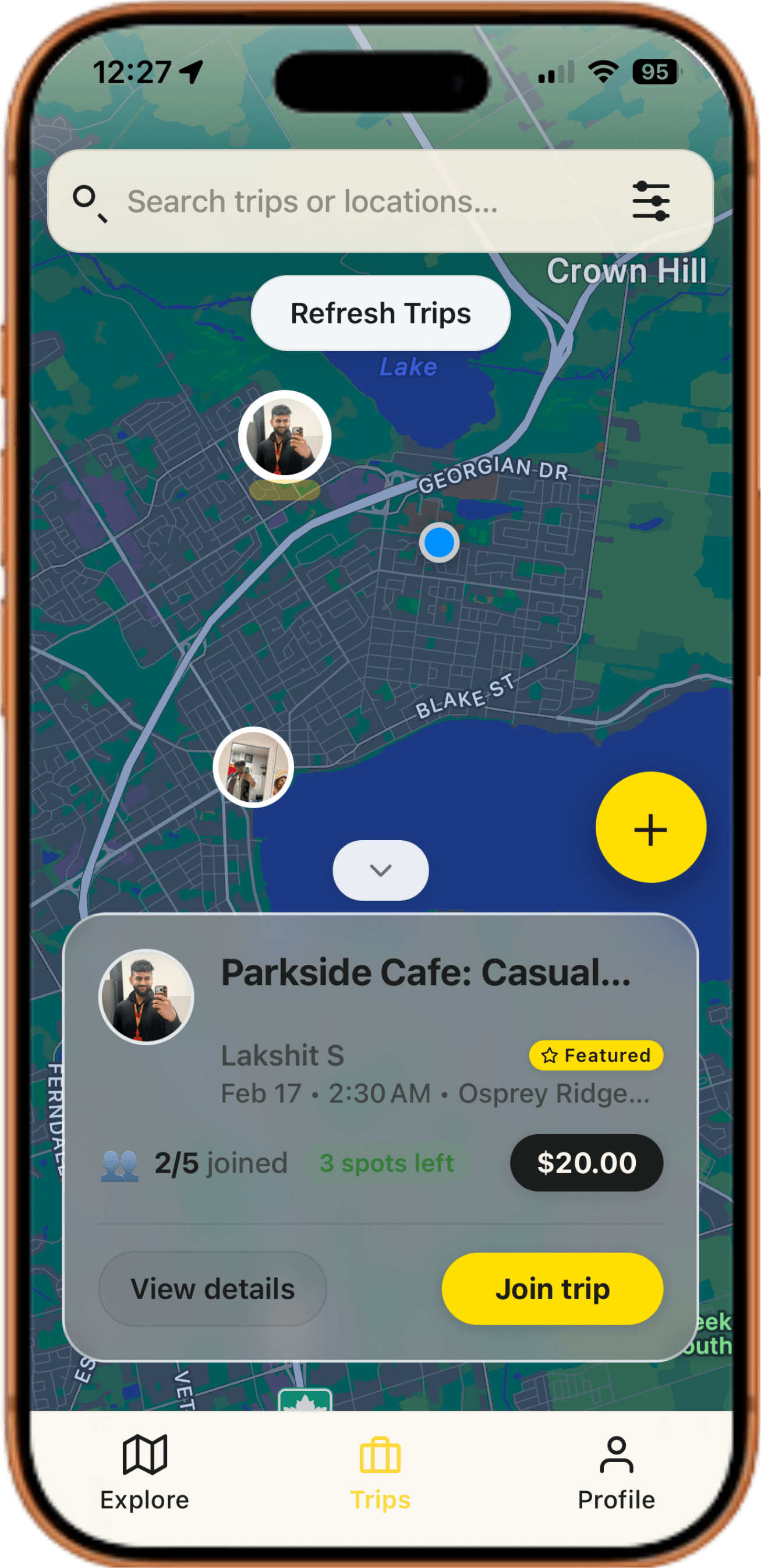 ImpulsTrip app screen: Trips on a map, and joining one