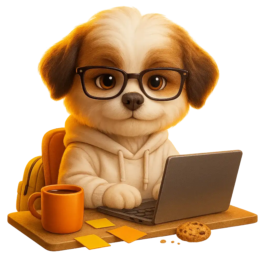 Mascot Theo coding on a tiny laptop with headphones