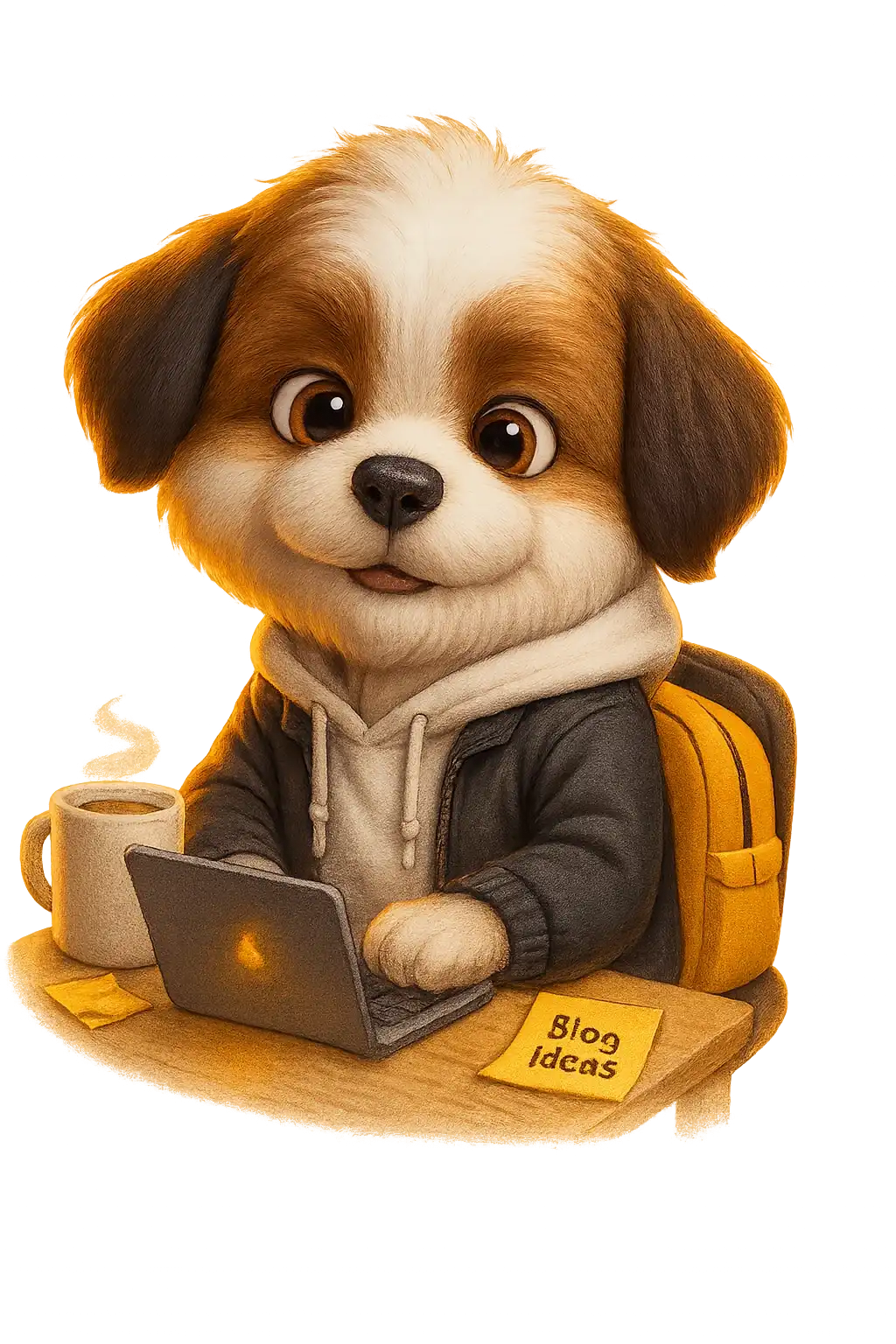 Mascot Theo typing on a laptop with a cup of coffee