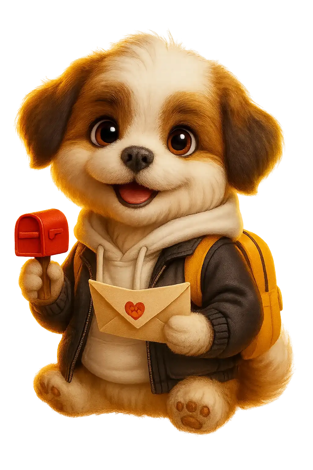 Mascot Theo holding a letter next to a mailbox