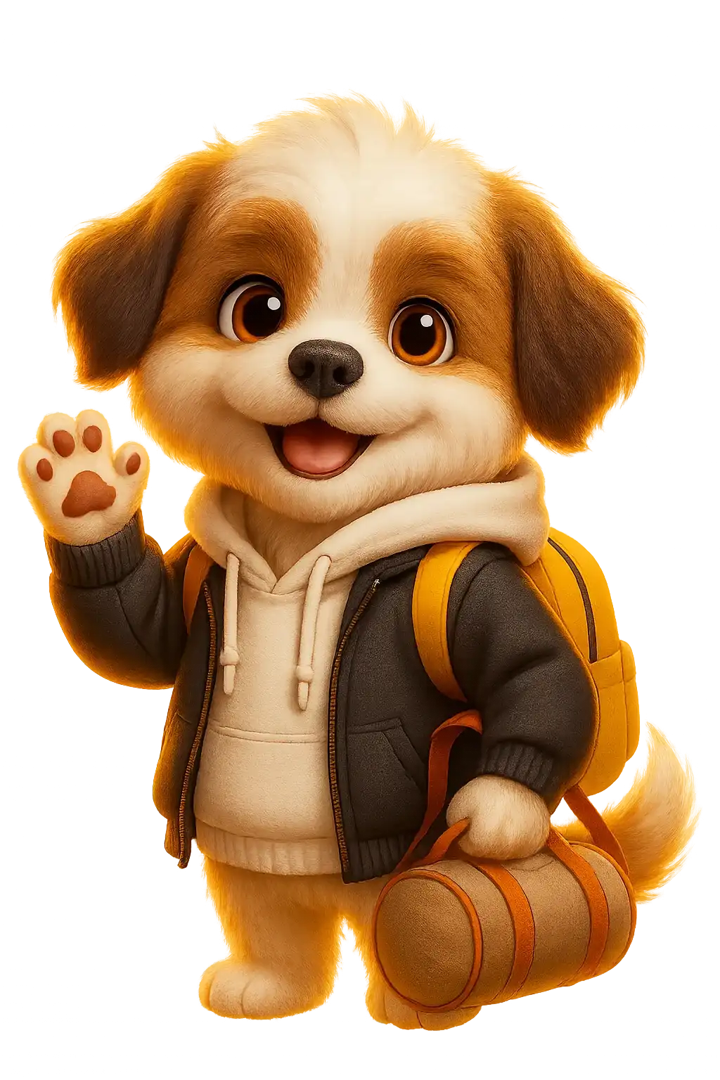 Mascot Theo with a backpack, ready for an adventure