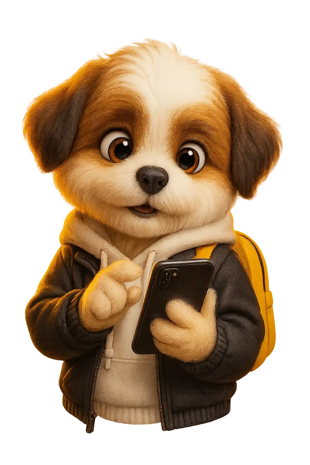 Mascot Theo scrolling on his phone