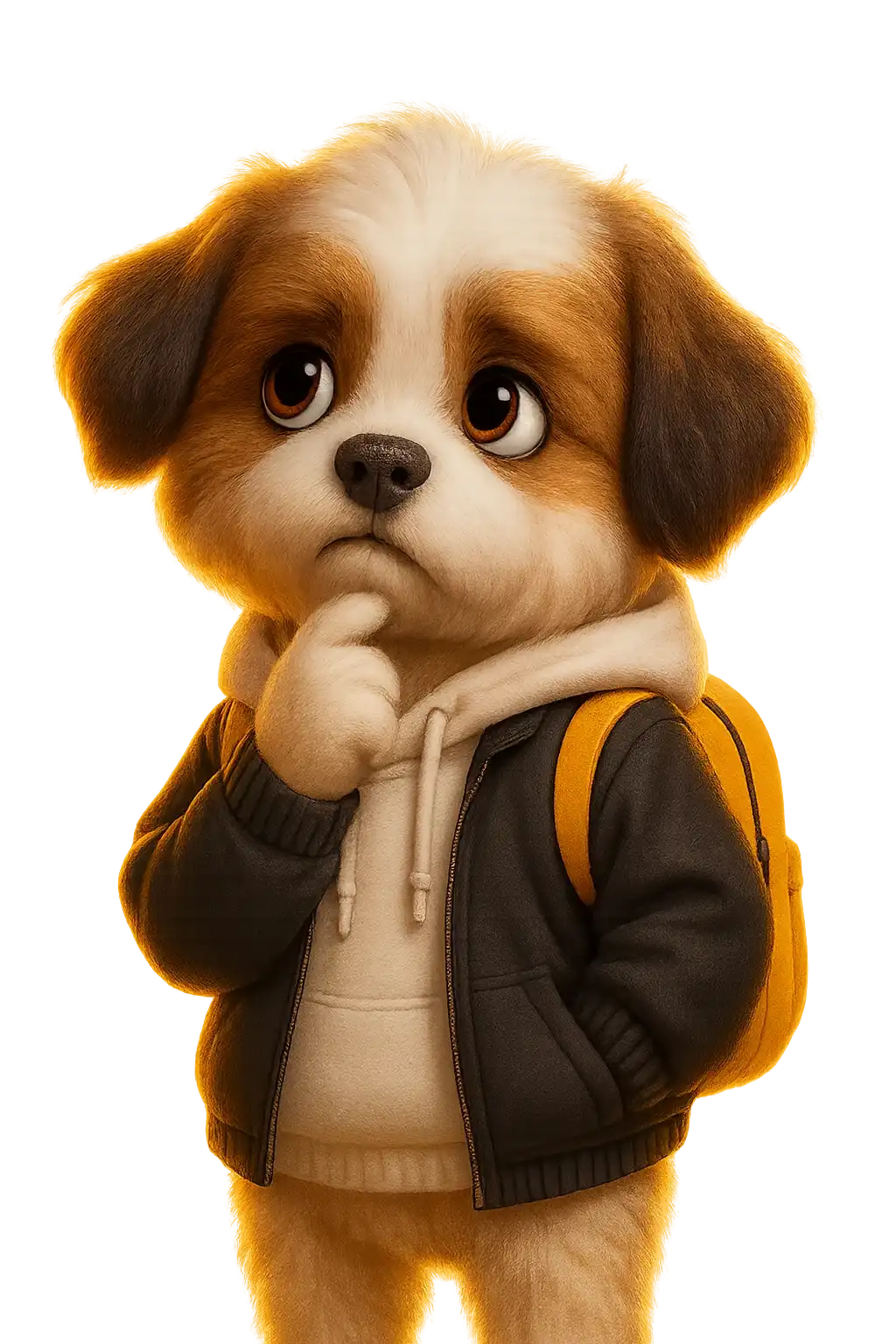 Mascot Theo thinking with a paw on his chin
